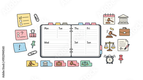 Open weekly planner spread, tabbed notebook pages, paper clips and sticky notes, small reminder icons for Legal appointment