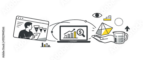 Modern minimal flat vector conceptual collage, crisp hard edges, consistent THIN outline stroke, rounded corners where needed,