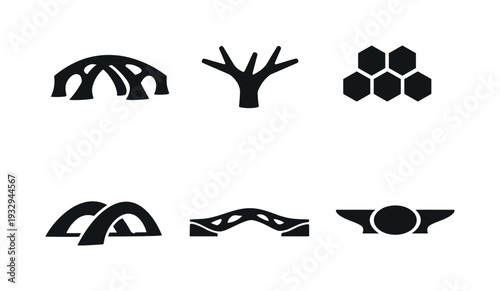 Collection of abstract black icons representing bridges, tree branches, and honeycomb structures