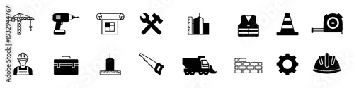 Professional collection of construction and building icons depicting essential tools, heavy machinery, safety gear, and worker symbols, ideal for industrial presentations, architectural