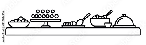 Minimalist graphic representing a food service station at a party or event, displaying different sweet and savory dishes, serving accessories, and tableware for hospitality concepts.