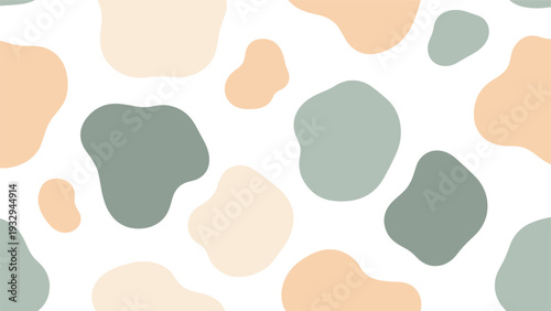 Minimalist seamless pattern featuring organic irregular shapes in soft pastel colors like peach and mint green on white.