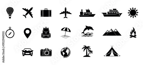 Black silhouette travel and adventure icons including vehicles, destinations, and gear for compelling marketing materials, vacation planning, and outdoor recreation applications.