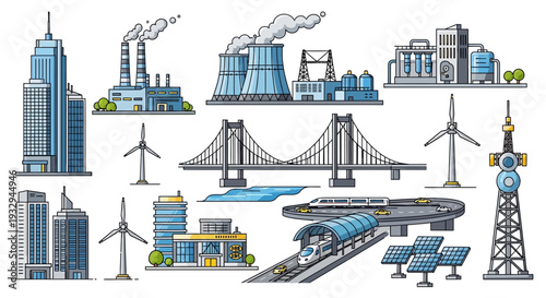Comprehensive illustration of industrial facilities, urban architecture, and sustainable energy infrastructure.
