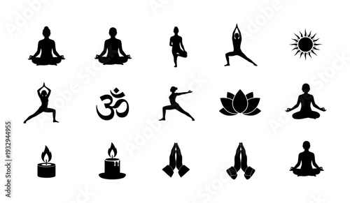 A comprehensive collection of yoga poses and spiritual symbols including meditation, warrior and tree poses, Om sign, lotus, sun, candles, and prayer hands, ideal for wellness branding and