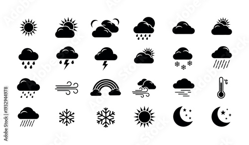 Weather icons set featuring sun, clouds, rain, lightning, snow, wind, rainbow, thermometer, and moon for forecasting applications and user interface graphics.