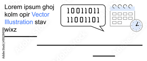 Data analytics, programming, scheduling, tech algorithms, time management, digital information. Binary code speech bubble near a calendar and clock. Data analytics and programming concept