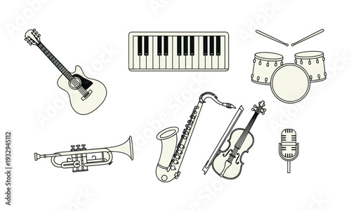 Collection of various musical instruments and microphone representing diverse genres perfect for music lessons education or industry promotions
