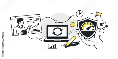 Modern minimal flat vector conceptual collage, crisp hard edges, consistent THIN outline stroke, rounded corners where needed,