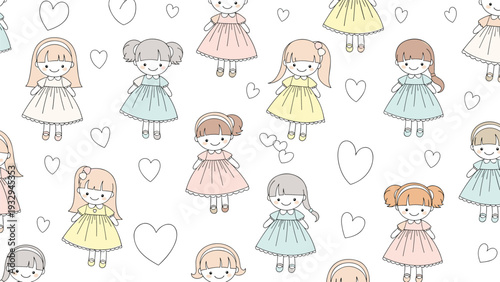 Cute seamless pattern with hand drawn little girls wearing colorful dresses and flying hearts for children's textile design.