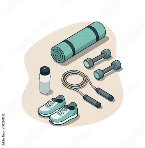Clean home workout quick session viewed from above with generic exercise gear aligned clearly, placed in the right third of a 3:2