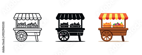 Symbolic buying journey represented by a compact market wagon with open top and wheels shown three times in a horizontal sequence