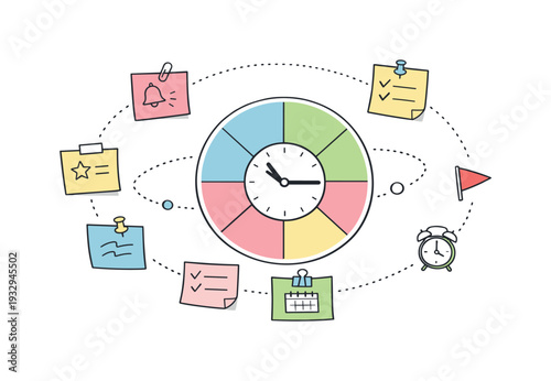 Circular planning wheel, orbiting sticky notes, tiny clock and flag icons, curved dotted paths for Appointment reminders with