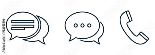 Essential communication and contact service symbols including chat message, online typing interaction, and telephone receiver for modern customer support and digital interface applications.