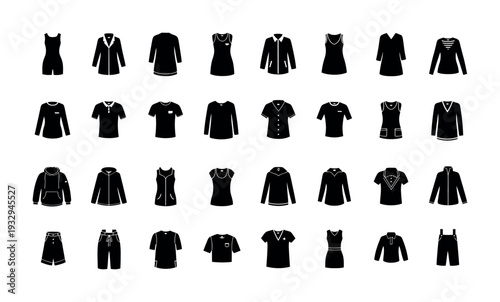 Diverse range of unisex garment outlines and apparel icons providing essential visual resources for digital fashion, retail branding, and clothing store signage