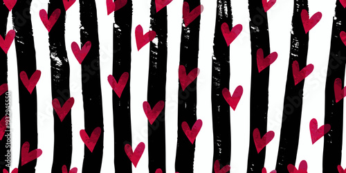 Abstract background featuring black stripes and scattered red hearts