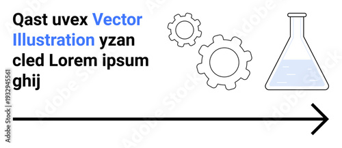 Science, engineering, innovation, technology, progress, research. Laboratory flask, gears and arrow pointing right. Science and engineering concept research and progress