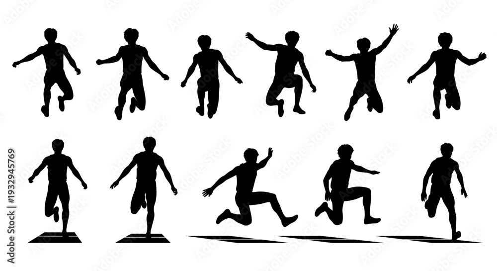 Fototapeta premium Silhouette of athletic movements: Capturing the dynamic energy of human form in various athletic poses and motions. It could be useful for illustrating sport or conveying ideas of action, performance.