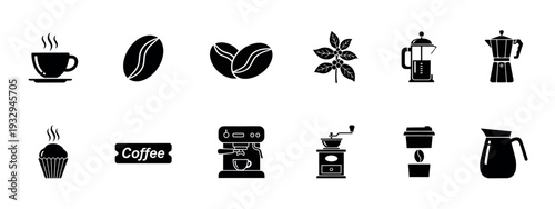 A versatile collection of coffee icons including beans, plant, brewing equipment, and drink cups, perfect for cafe menu designs, branding, and digital applications