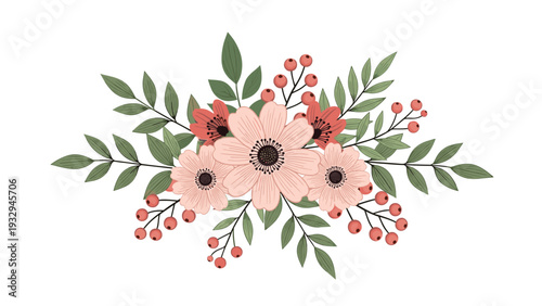 Beautiful floral bouquet with pink anemones small red flowers green leaves and berries arranged in a graceful composition.