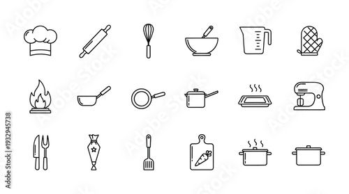Essential culinary tools and kitchen utensils presented as a simple black line icon set perfect for food blogs cooking websites restaurant menus and recipe applications
