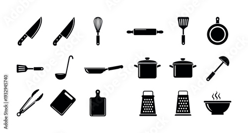 Versatile black kitchen utensils and cooking equipment icon set provides essential culinary tools for food preparation branding and recipe content