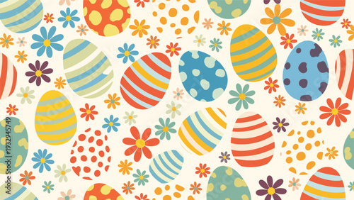 Vibrant seamless pattern with colorful decorated easter eggs and small flowers in a retro style for spring celebrations.