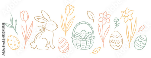 Easter bunny egg vector. Spring flower line art. Handdrawn holiday set.