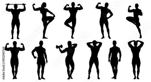 Dynamic Fitness Forms: Silhouette figures showcasing various dynamic fitness poses, emphasizing strength, flexibility, and the human body in motion.
