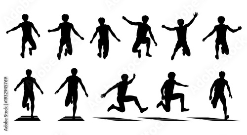 Silhouette of athletic movements: Capturing the dynamic energy of human form in various athletic poses and motions. It could be useful for illustrating sport or conveying ideas of action, performance.