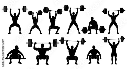 Strength in Silhouette: A powerful illustration captures a series of weightlifters executing various weightlifting movements, emphasizing strength, determination, and physical prowess.