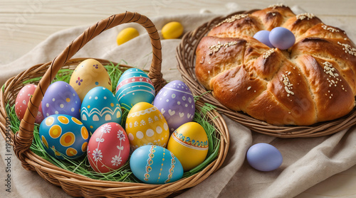 Colorful painted Easter eggs in a wicker basket with festive braided bread.