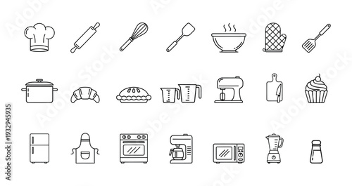 Diverse set of cooking and baking equipment line icons representing various kitchen utensils and food items suitable for culinary blogs, recipe apps, and restaurant branding for modern