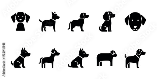 Various dog silhouette icons illustrating different canine breeds and typical postures suitable for pet shop marketing, animal rescue organization materials, and veterinary office signage