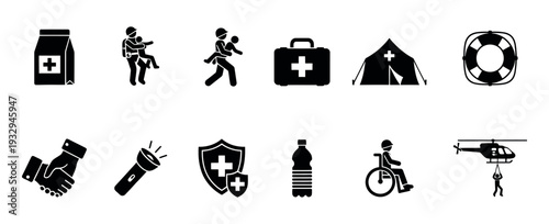 Emergency services and disaster relief icons depicting essential humanitarian aid, medical support, rescue operations, and protective measures, ideal for public safety campaigns and