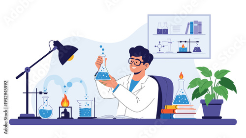 Friendly male scientist in lab coat performing experiment with chemical flasks and equipment in a modern laboratory.