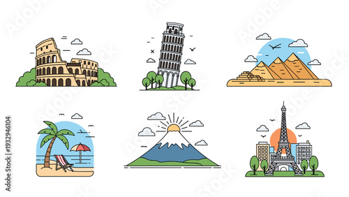 World famous travel landmarks including the Colosseum, Leaning Tower of Pisa, and Pyramids are shown in a clean line art style.