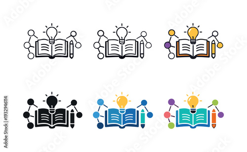 Information sharing icon depicting an open book, light bulb, pencil, and connected people nodes representing collaborative