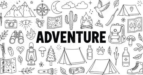 Adventure camping doodle set with outdoor travel icons, tent, backpack, mountains and forest elements line art illustration