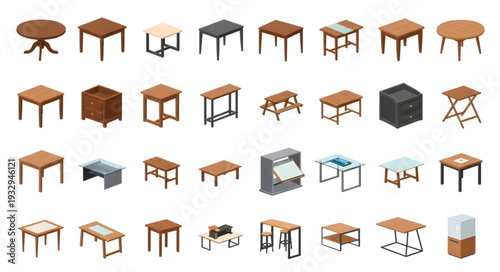 Home and Office Table Furniture Set, Isometric Wooden Desk and Table Illustrations