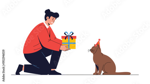 Kind woman kneels to present a yellow gift box to a cute brown cat wearing a festive red party hat on a white background.