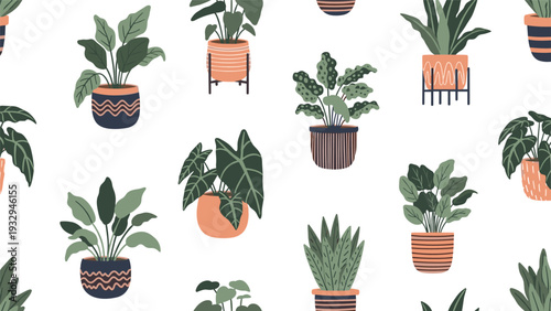 Stylish houseplant seamless pattern displays a variety of indoor greenery in decorative ceramic pots against a clean background.