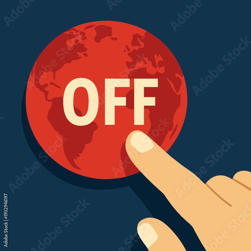 Large OFF button made of Earth continents with finger about to press it