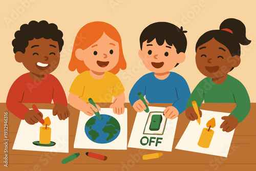 Diverse children drawing Earth Hour posters with crayons showing lights off