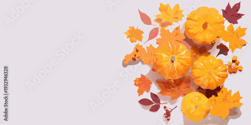 A colorful autumnal arrangement of pumpkins and falling maple leaves