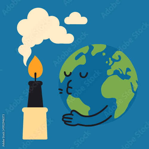 Final moment of Earth Hour with Earth globe blowing out a giant candle shaped like a smokestack