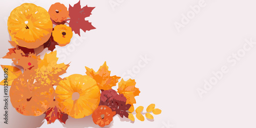 Autumn arrangement of pumpkins and colorful fall leaves on a white background