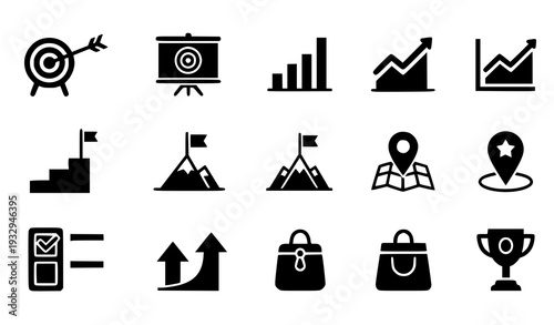 Clean Dark Gray Business Goals and Progress Glyph Icon Set