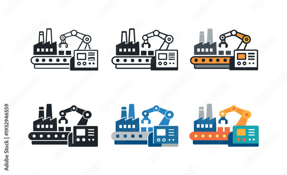 Obraz premium Industrial workflow automation icon depicting factory buildings, robotic arms, conveyor belts, and control panels representing