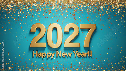 Golden 2027 Happy New Year text with glitter and confetti on a turquoise background. Luxury festive banner for celebration.